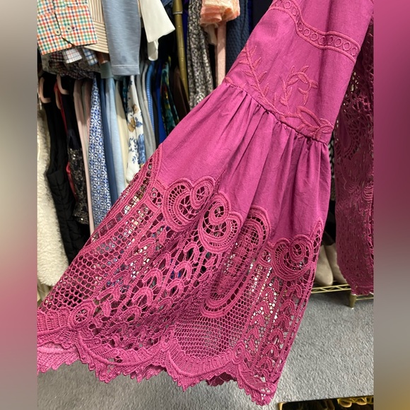 Chloe Oliver Anthropologie Magenta Pink Bell Sleeve Lace Crochet Blouse Top - Picture 5 of 11